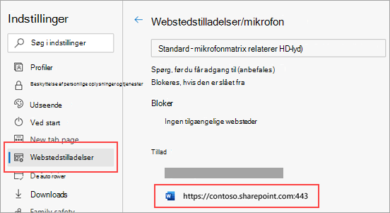 Indstillingsside for mikrofontilladelser for Microsoft Edge
