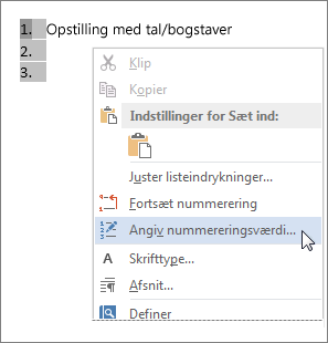 Angiv nummereringsværdi i genvejsmenuen