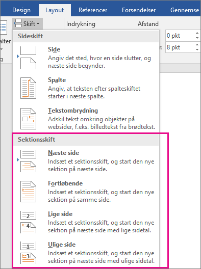 De forskellige typer sektionsskift fremhæves på fanen Layout.