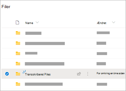 OneDrive-mapper med mappen Transskriberede filer synlig