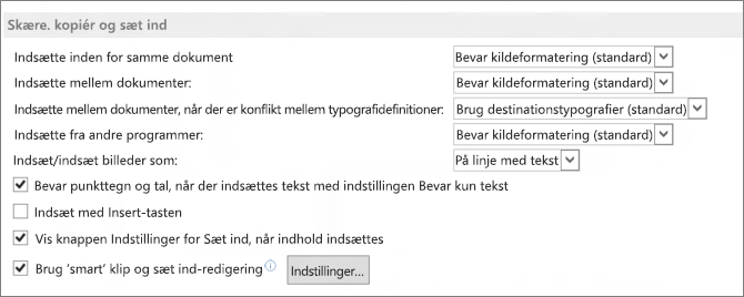 Indstillinger for at klippe, kopiere og sætte ind med Word 2013