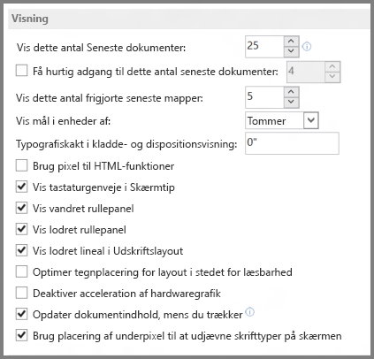 Visningsindstillinger for Word 2013