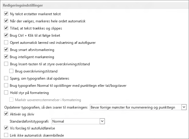 Word 2013-redigeringsindstillinger