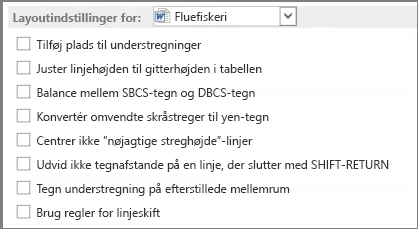 Word 2013-layoutindstillinger for: valgmuligheder