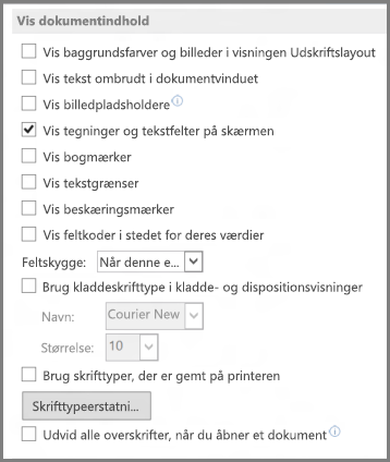 Vis indstillinger for dokumentindhold i Word 2013