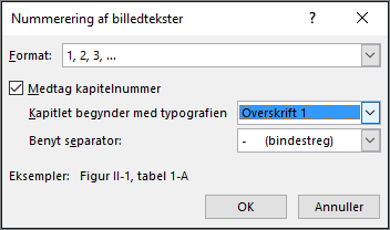 Brug dialogboksen til nummerering af billedtekst til at føje kapitelnumre til billedtekster.