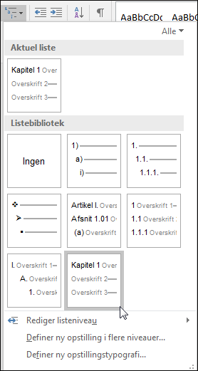 Brug listen over kapiteloverskrifter i flere niveauer til at formatere kapiteloverskrifter der skal medtages i billedtekster.