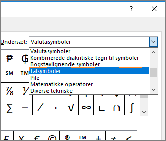 Vælg Talsymboler i dialogboksen Delmængde for at få vist brøker og andre matematiske symboler