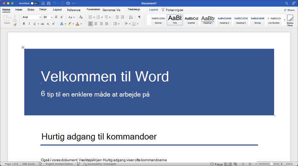 Word 2021 til Mac-vindue med skabelonen Tag en rundvisning er åbnet