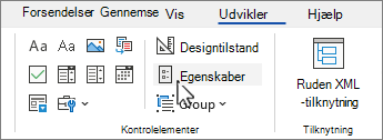 Fanen Udvikler med knappen Egenskaber for kontrolelement valgt