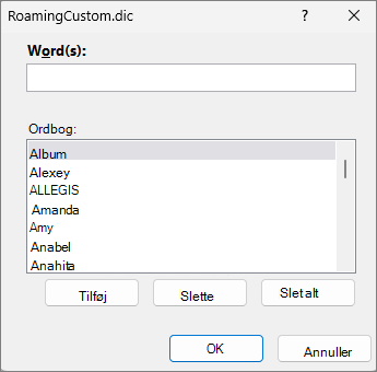 Dialogboks til redigering af ordbog