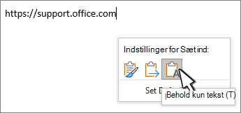 Menuen indstillinger for Sæt ind med markøren placeret over den tredje indstilling Bevar kun tekst. De første to indstillinger for Sæt ind er Bevar kildeformatering og Flet formatering.