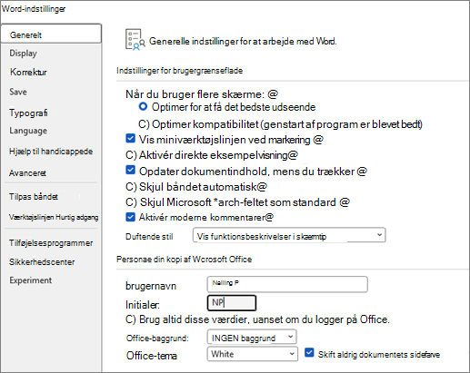 menuen Generelle indstillinger Word 2016/2013