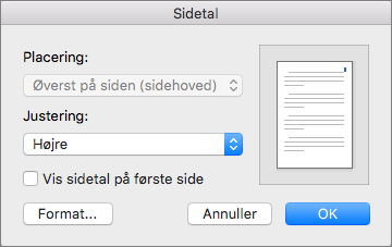 Angiv placering og juster sidetal under Sidetal.