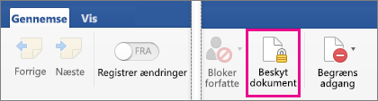 På fanen Gennemse er Beskyt dokument fremhævet