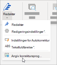 På fanen Gennemse skal du klikke på Teksteditor > angiv korrektursprog