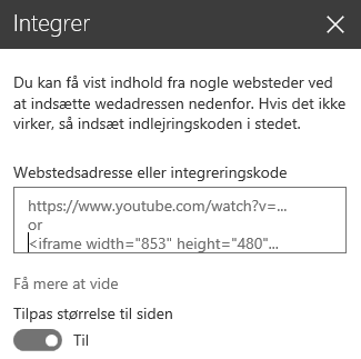 Skærmbillede af dialogboksen Integrer kode i SharePoint.
