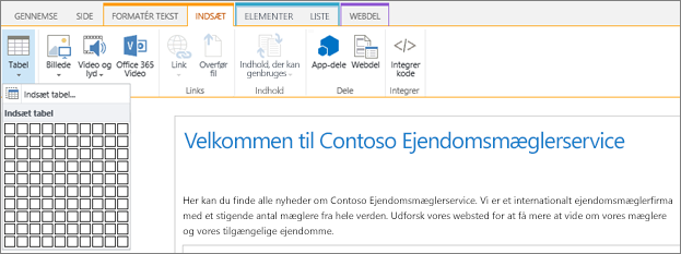 Skærmbillede viser båndet i SharePoint Online. Vælg fanen Indsæt, og vælg derefter Indsæt tabel for at angive antallet af rækker og kolonner for en ny tabel.