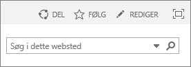 Skærmbilledet viser en del af båndet i SharePoint Online med kontrolelementerne Del, Følg og Rediger samt søgefeltet.