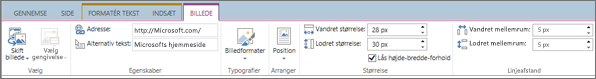 Skærmbillede, der viser et udsnit af SharePoint Online-båndet med fanen Billede valgt og de valg, der er tilgængelige under grupperne Markér, Egenskaber, Typografier, Størrelse og Afstand.