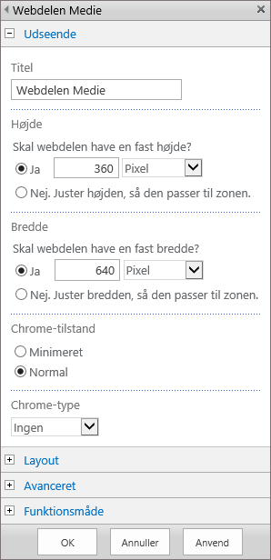 Skærmbillede af dialogboksen Webdelen Medie i SharePoint Online til at angive indstillinger relateret til Udseende, Layout, Avanceret og Adfærd for mediefiler. Indstillinger for Udseende vises, inklusive titel, højde, bredde og chrome-tilstand og -type.
