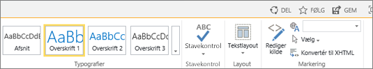 Skærmbillede af en del af SharePoint Online-båndet med kontrolelementerne Del, Følg og Gem.