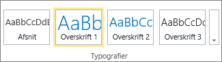 Skærmbilledet viser gruppen Typografier på båndet i SharePoint Online med typografien Overskrift 1 markeret.
