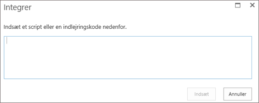 Skærmbillede af dialogboksen Integrer i SharePoint Online for at indsætte script eller integreringskode til video- eller lydfiler og derefter indsætte koden.