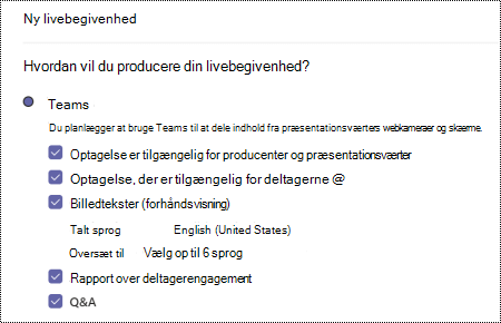 Dialogboks til at vælge QA-indstillingen for Teams livebegivenhed, når du planlægger en begivenhed.