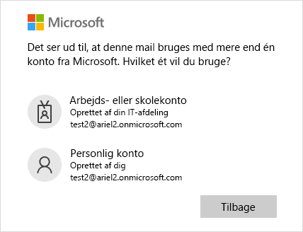 Logonskærm med to mailadresser