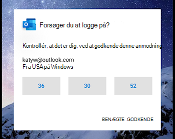 Skærmbillede, der viser Outlook Mobile, hvor du bliver bedt om at bekræfte et nummer, når du logger på