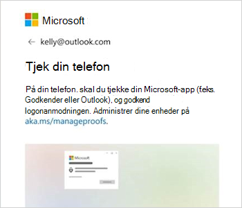 Skærmbillede, der viser logonprompten med tekst, der fortæller, at du skal kontrollere din Outlook-app