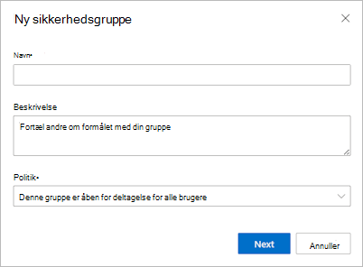 Oprettelse af sikkerhedsgruppe