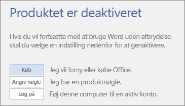 Skærmbillede, der viser fejlmeddelelsen Produktet er deaktiveret