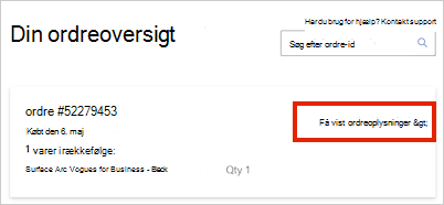 Øjebliksbillede af ordreoplysninger.