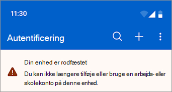 Et skærmbillede, der viser en arbejds- eller skolekonto, der er blokeret på en rodfæstet Android-enhed i Microsoft Authenticator.