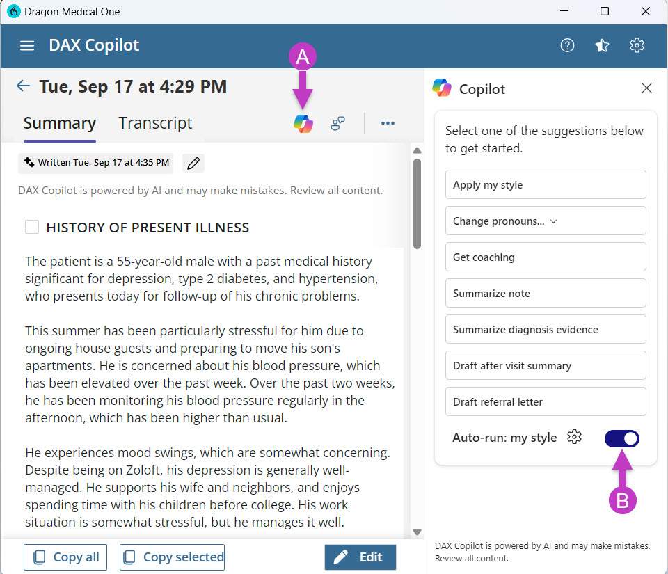 Image shows steps to do auto run using Copilot menu which is highlighted