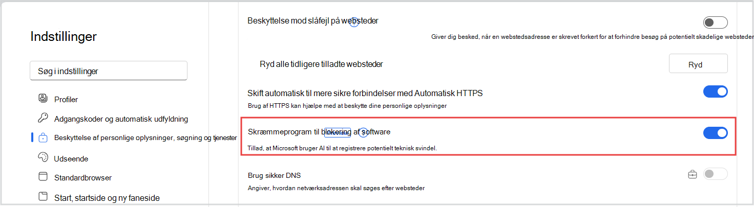 skærmbillede af scareware til/fra-funktion i Edge-indstillinger