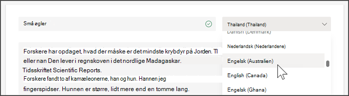 Skærmbillede, der viser rullemenuen til valg af sprog