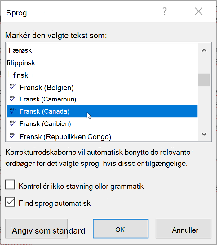 Skærmbillede fra Word. I pop op-vinduet vises de sprog, der kan vælges. Find sprog automatisk er markeret.