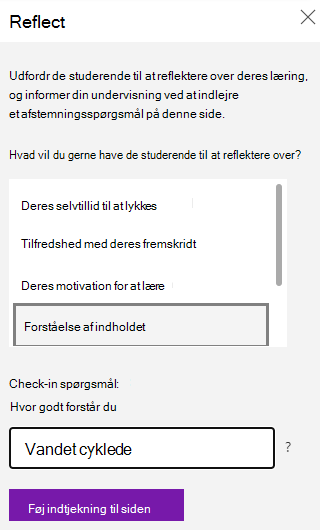 Skærmbillede af spørgsmål om indtjekning i Reflect.