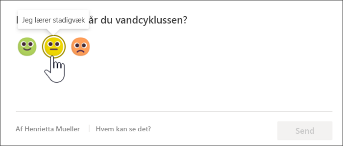 Skærmbillede af den studerendes visning af refleksionsafstemningen, før de svarer. Musen holdes over den gule, usikre emoji, og et værktøjstip viser, at jeg stadig lærer
