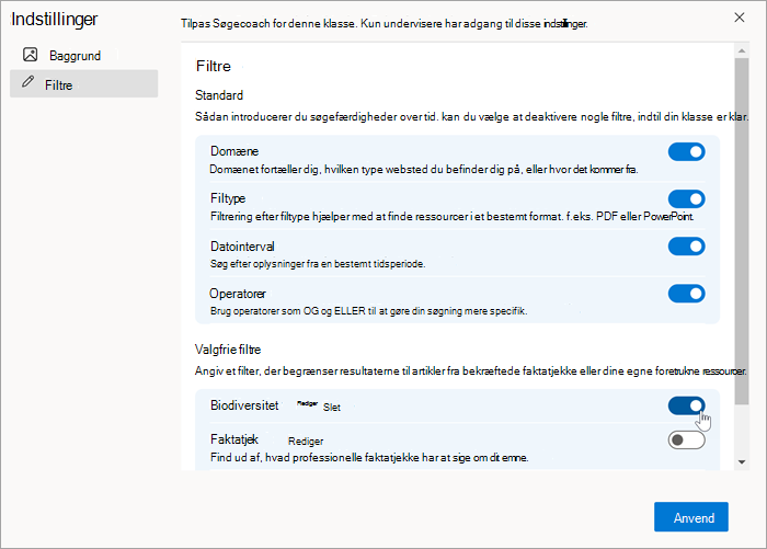 Skærmbillede af et brugerdefineret filter, som det vises i indstillingen for filtre, når det er blevet oprettet. Den kan slås til og fra.