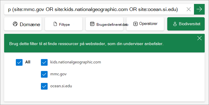 skærmbillede af, hvordan det brugerdefinerede filter vises for studerende, når det er slået til.