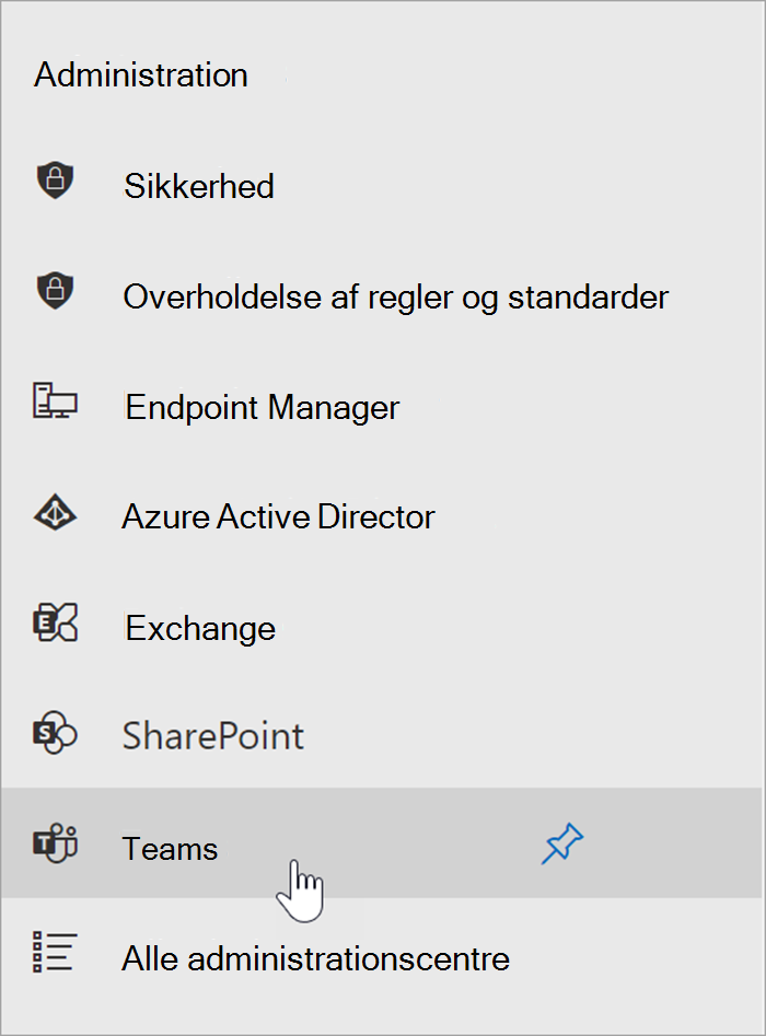 skærmbillede af Microsoft 365 Administration med markøren placeret over indgangspunktet til Teams Administration.