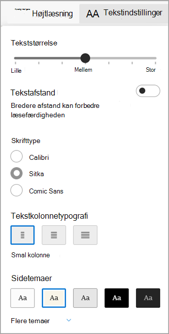 Tekstindstillinger i Forenklet læser til Microsoft Edge.