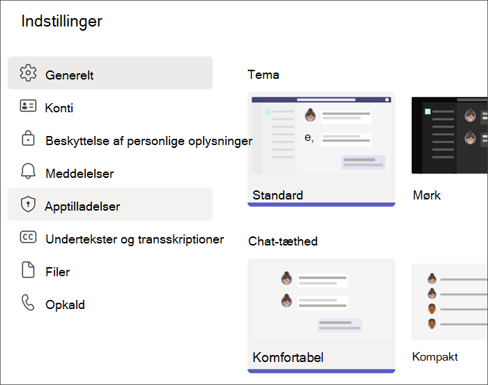 Skærmbillede af Teams-indstillinger fra en studerendes profil. Apptilladelser er fremhævet.