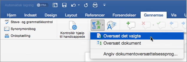 Fanen Gennemse med Oversæt markering fremhævet