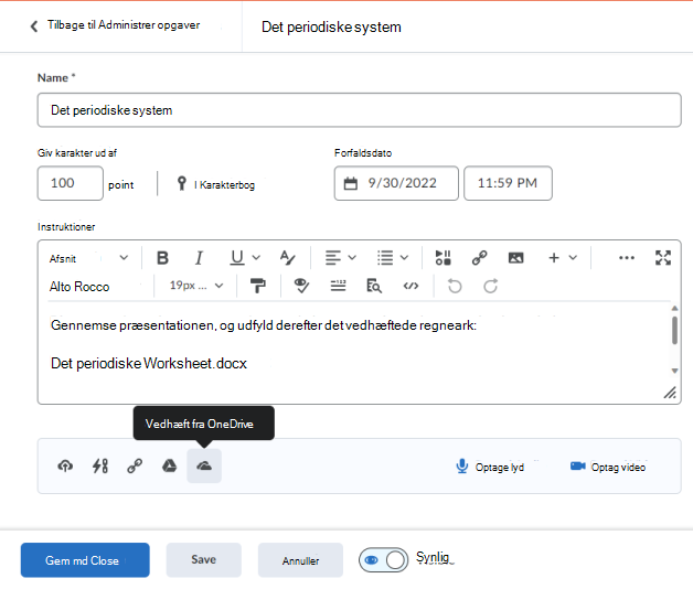 Vedhæft et OneDrive-dokument til en Brightspace-opgaveeditor ved hjælp af værktøjslinjen Quicklink.