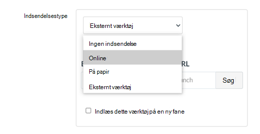 Rullelisten med Indsendelsestypen online er fremhævet